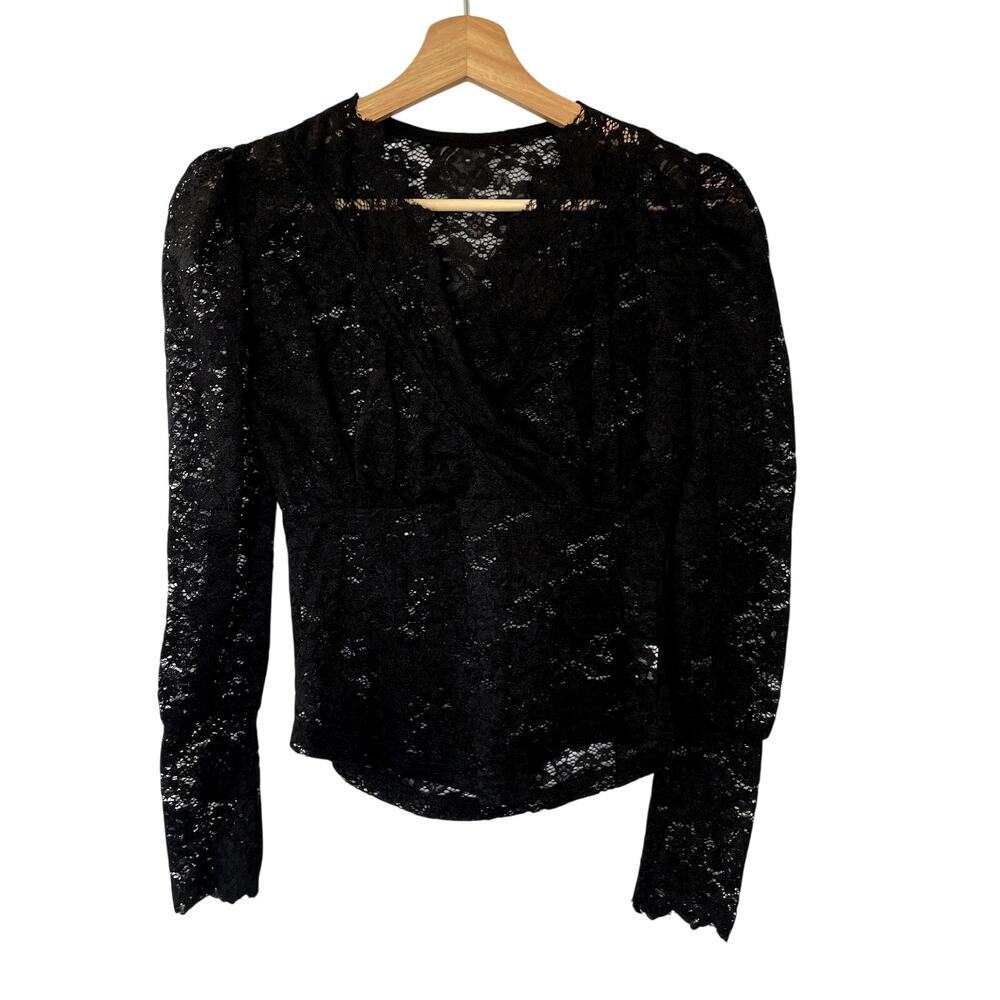 Vintage goth black lace v-neck sheer women's S blouse puffed sleeves victorian